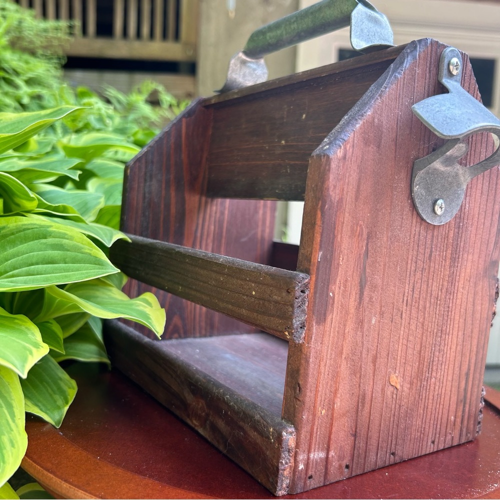 Rustic Wooden Caddy with Built-In Bottle Opener 🍻 | Dark Brown | Summer Ready ☀️ - Picture 7 of 9